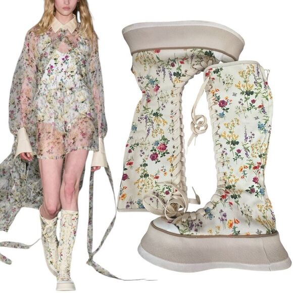 MaxMara Shoes - MaxMara 2024 Resort Knee High Floral Canvas Lace Up Boots EU 37 / US 7